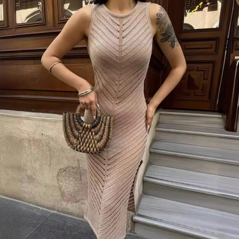 Sleeveless Patchwork Knit Maxi Dresses