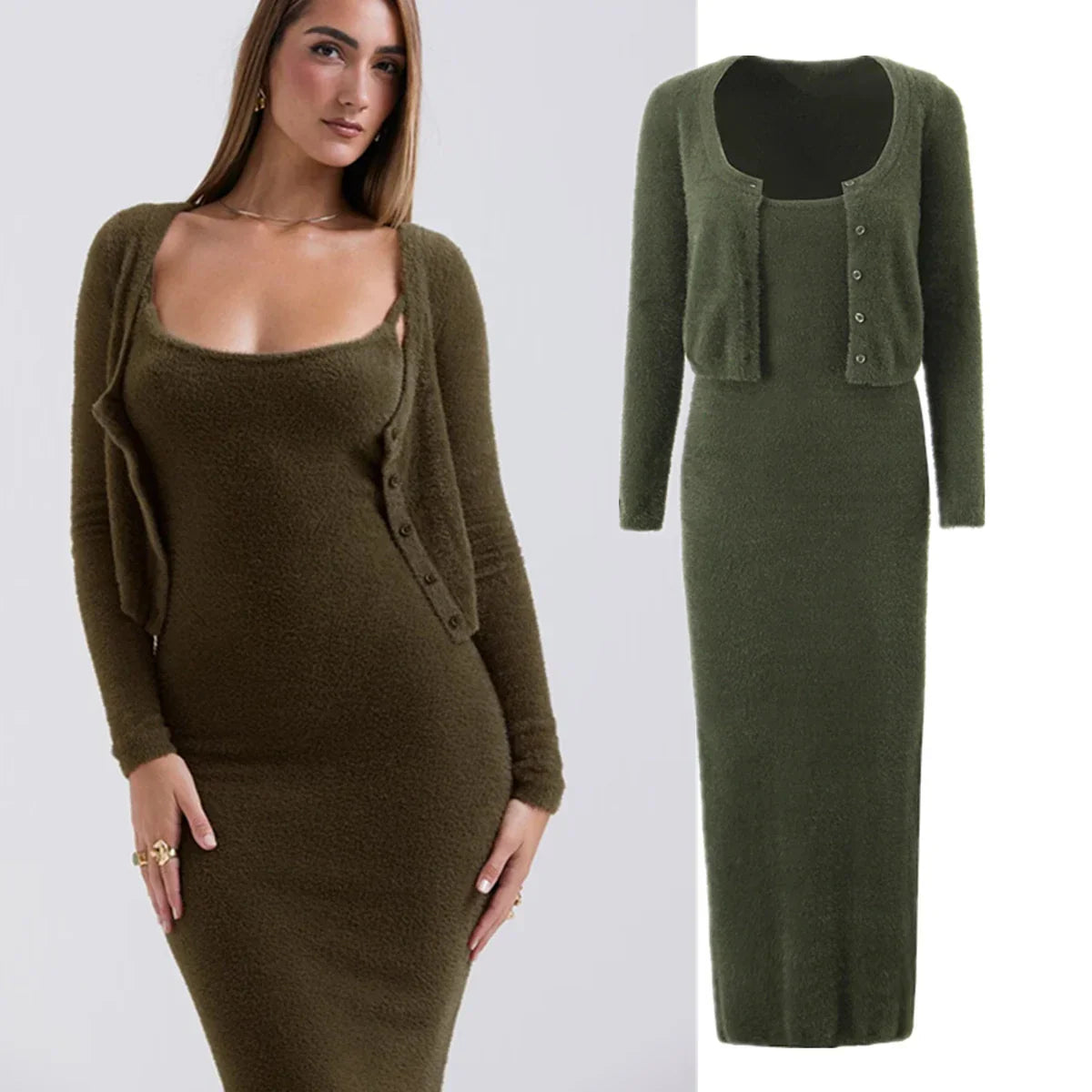 Knitted Cardigan With Camisole Dress Two-piece Set