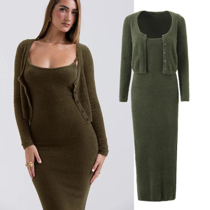 Knitted Cardigan With Camisole Dress Two-piece Set