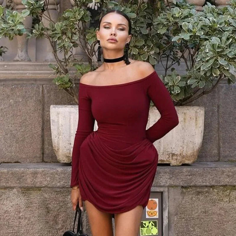 Pleated Off-Shoulder Long Sleeve Mini Dress
