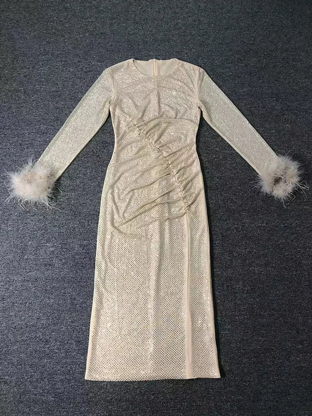 Long Sleeve Feathers Rhinestone Midi Dress