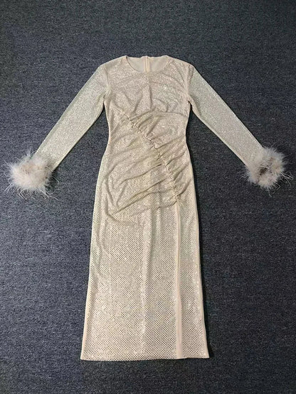 Long Sleeve Feathers Rhinestone Midi Dress