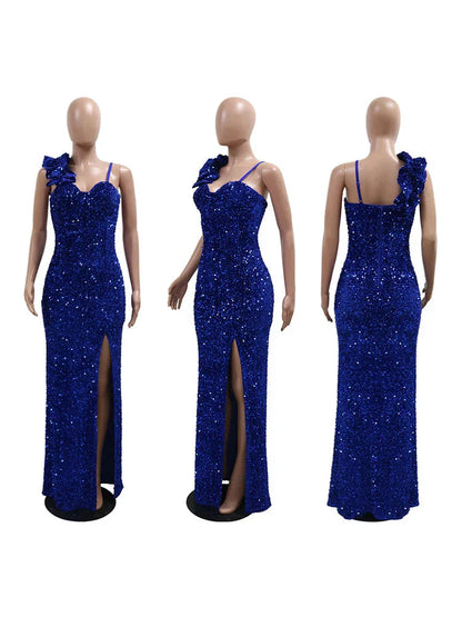 Slit Padded Sequin Strap Long Dress