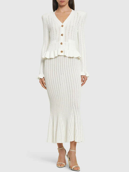 Ruffle Knitted Long Sleeve Mermaid Midi Dress