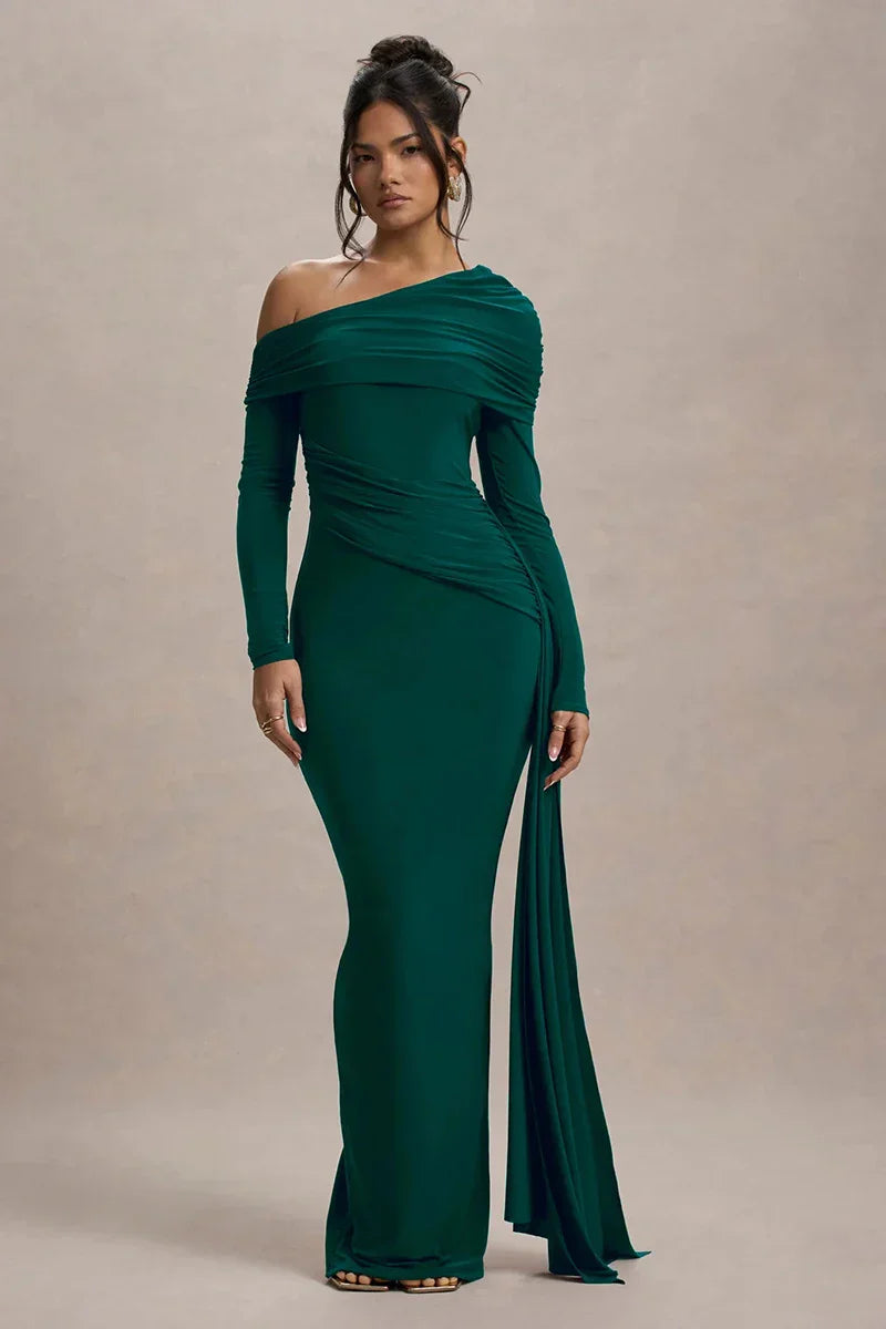 Skew Collar Long Sleeve Maxi Dress