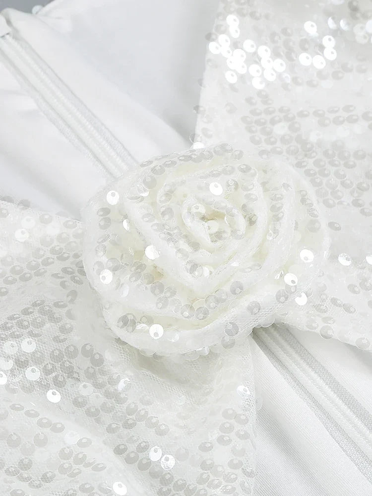 Sequins White Hollow Flower Design Long Dress