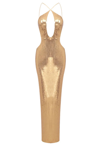 Gold Sequin Spaghetti Strap Hollow Long Dress
