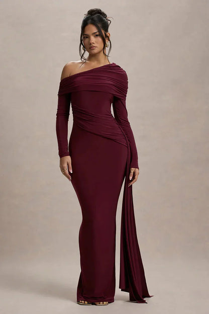Skew Collar Long Sleeve Maxi Dress