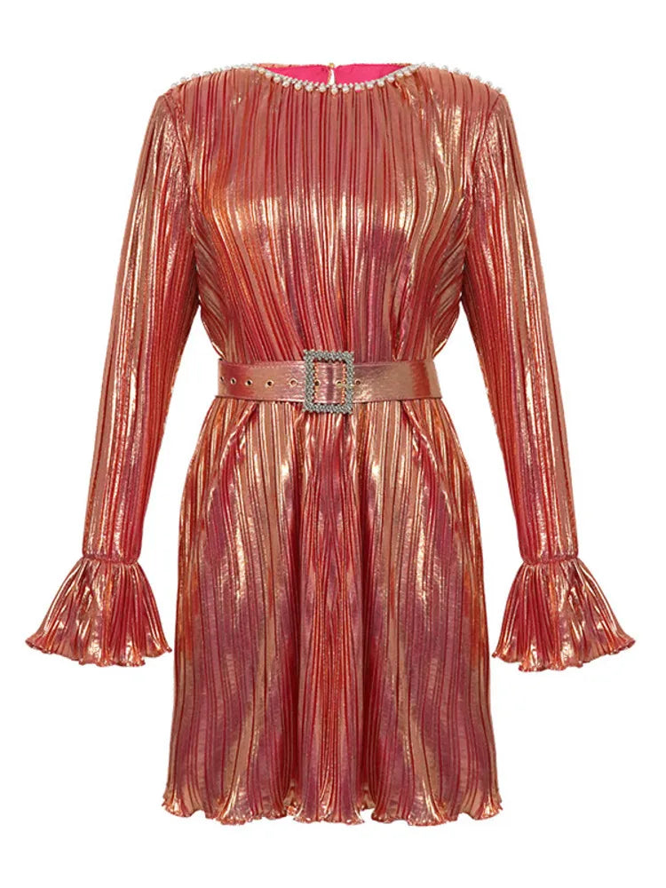 Metallic Copper Pleated Flare Belted Mini Dress