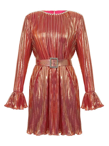 Metallic Copper Pleated Flare Belted Mini Dress