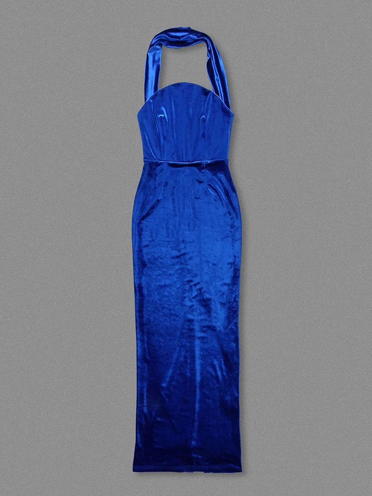 Blue Velvet Halter Sleeveless Maxi Dress