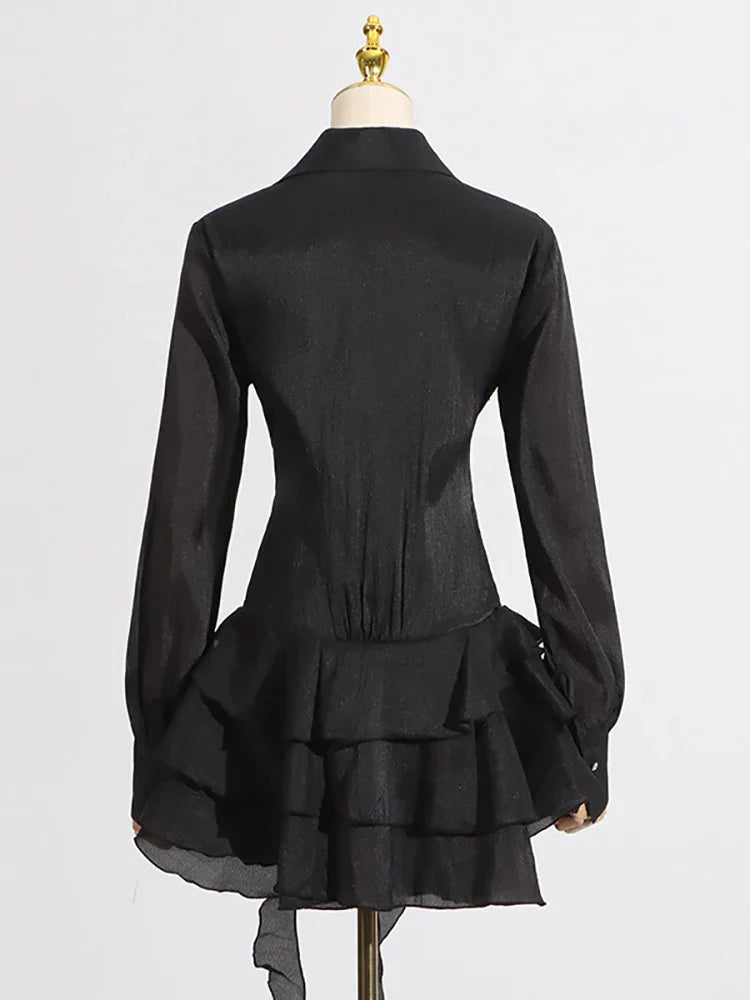 Appliques Ruffles Draped Long Sleeve Dress