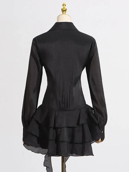 Appliques Ruffles Draped Long Sleeve Dress