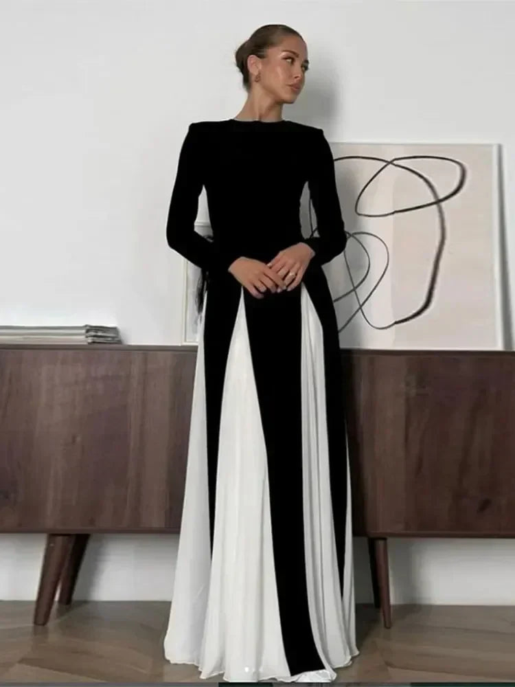 Pleated Patchwork Long Sleeve  Maxi Dress