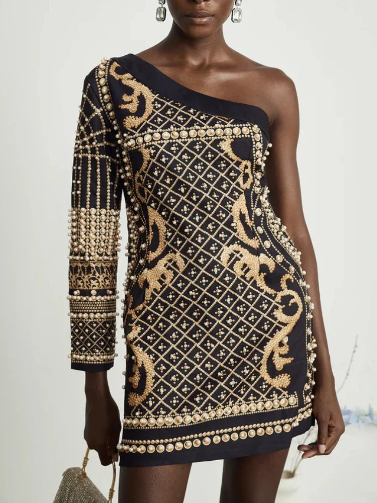 Printed Diagonal Neck Off One-Shoulder Patchwork Bead Dress