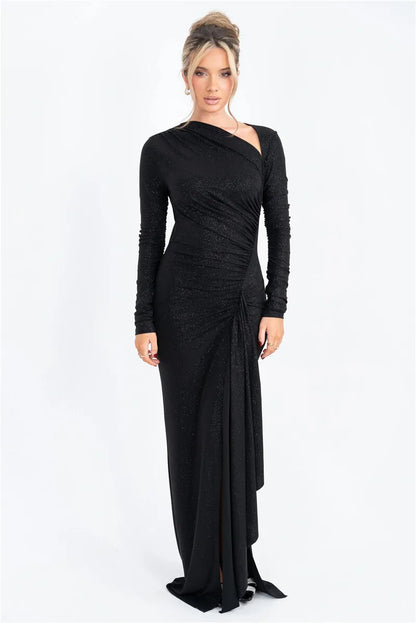 Long Sleeve Ruched Maxi Dress with Thigh-High Split