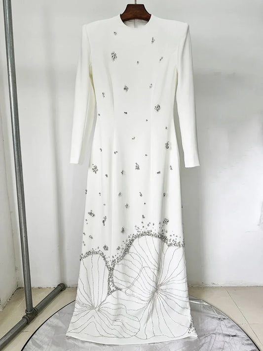 White Beads Diamond Long Sleeve Maxi Dress