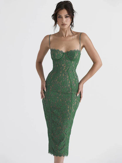 Spaghetti Strap Midi Green Dress