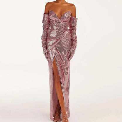 Sequined Strapless Slit Lace Up Ankle Length Dress