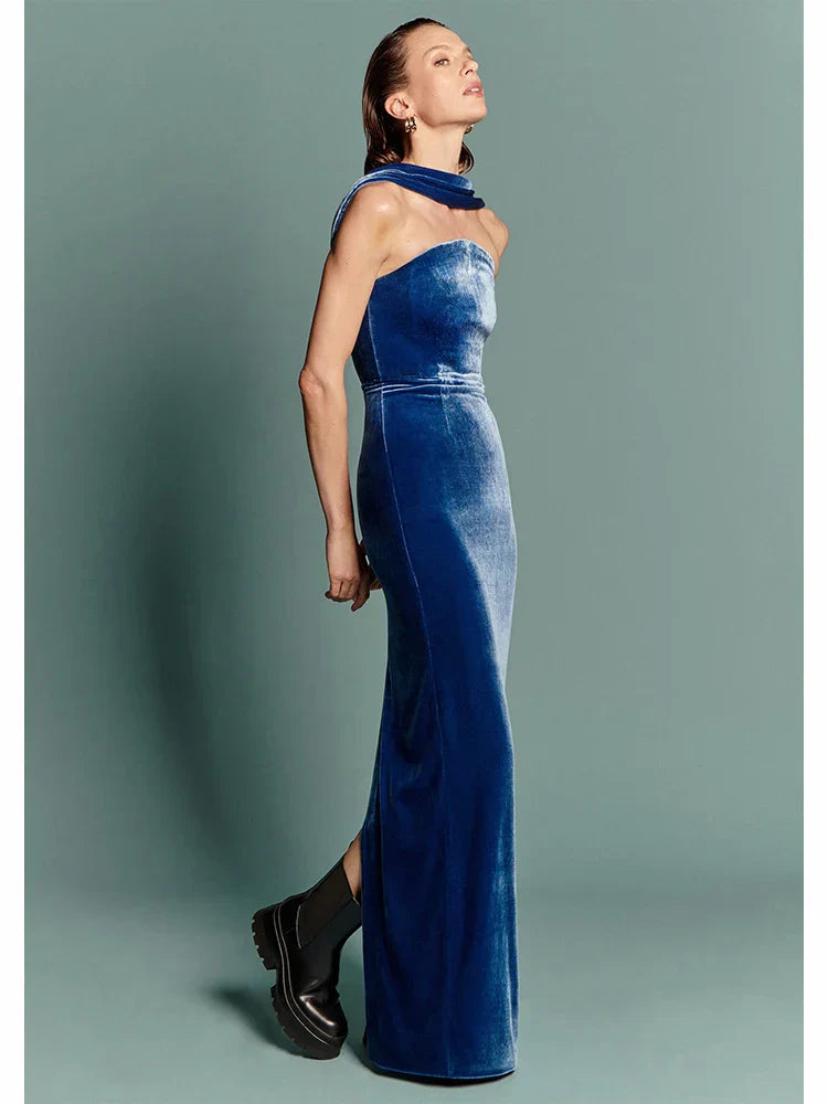 Blue Velvet Halter Sleeveless Maxi Dress