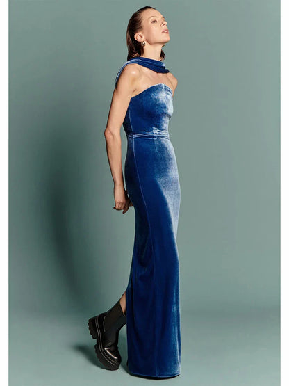 Blue Velvet Halter Sleeveless Maxi Dress