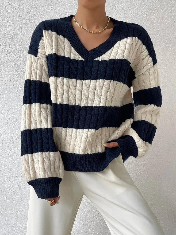 Striped Cable Knit V-Neck Sweater | Relaxed Fit Pullover