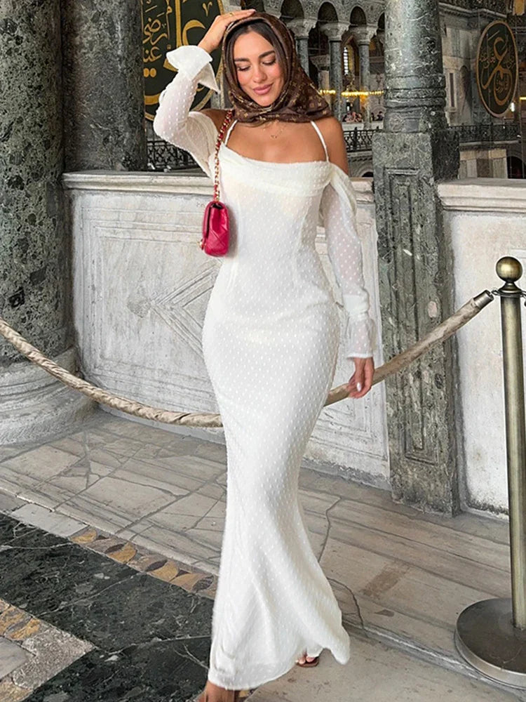 Polka Jacquard Long Flare Sleeves Midi Dress