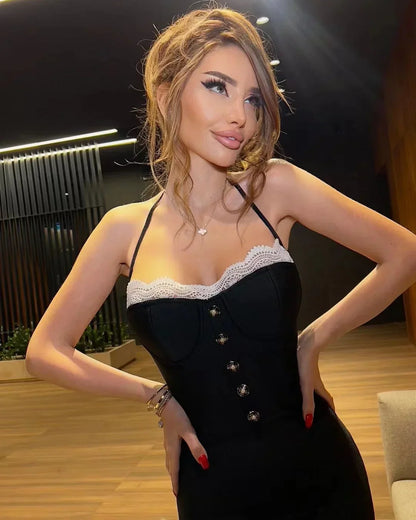 Black Lace Trumpet Spaghetti Strap Midi Dress