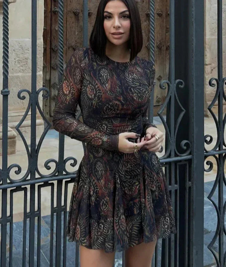 Pleated Long Sleeves Tulle Mini Dress