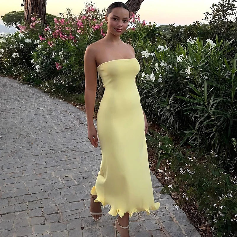 Frill Trim Tube Midi Dress