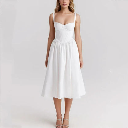 Wire Corset Style Low Waist White Midi Dress