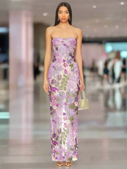 Sequin Floral-Embellished Lavender Strapless Dress