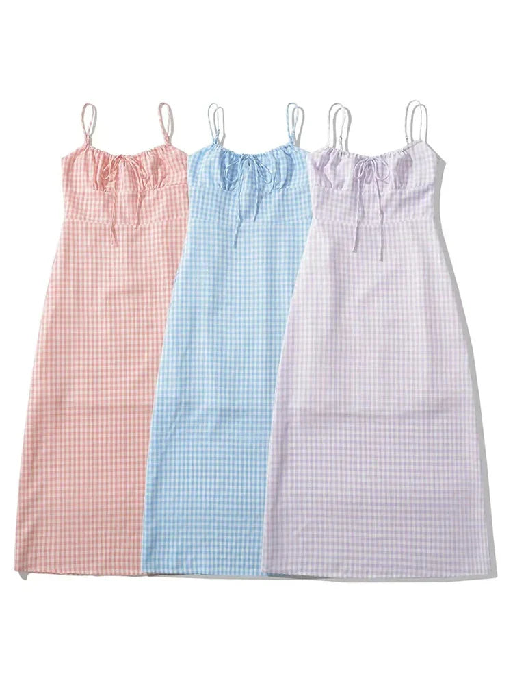 Spaghetti Strap Tie Up Plaid Pink Midi Dress