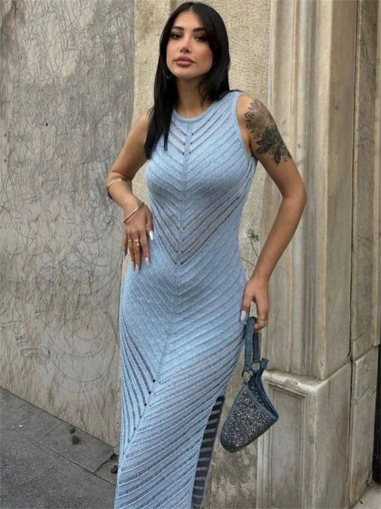 Sleeveless Patchwork Knit Maxi Dresses