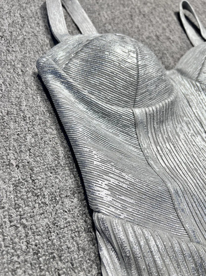 Spaghetti Strap Sleeveless Silver Midi Dress