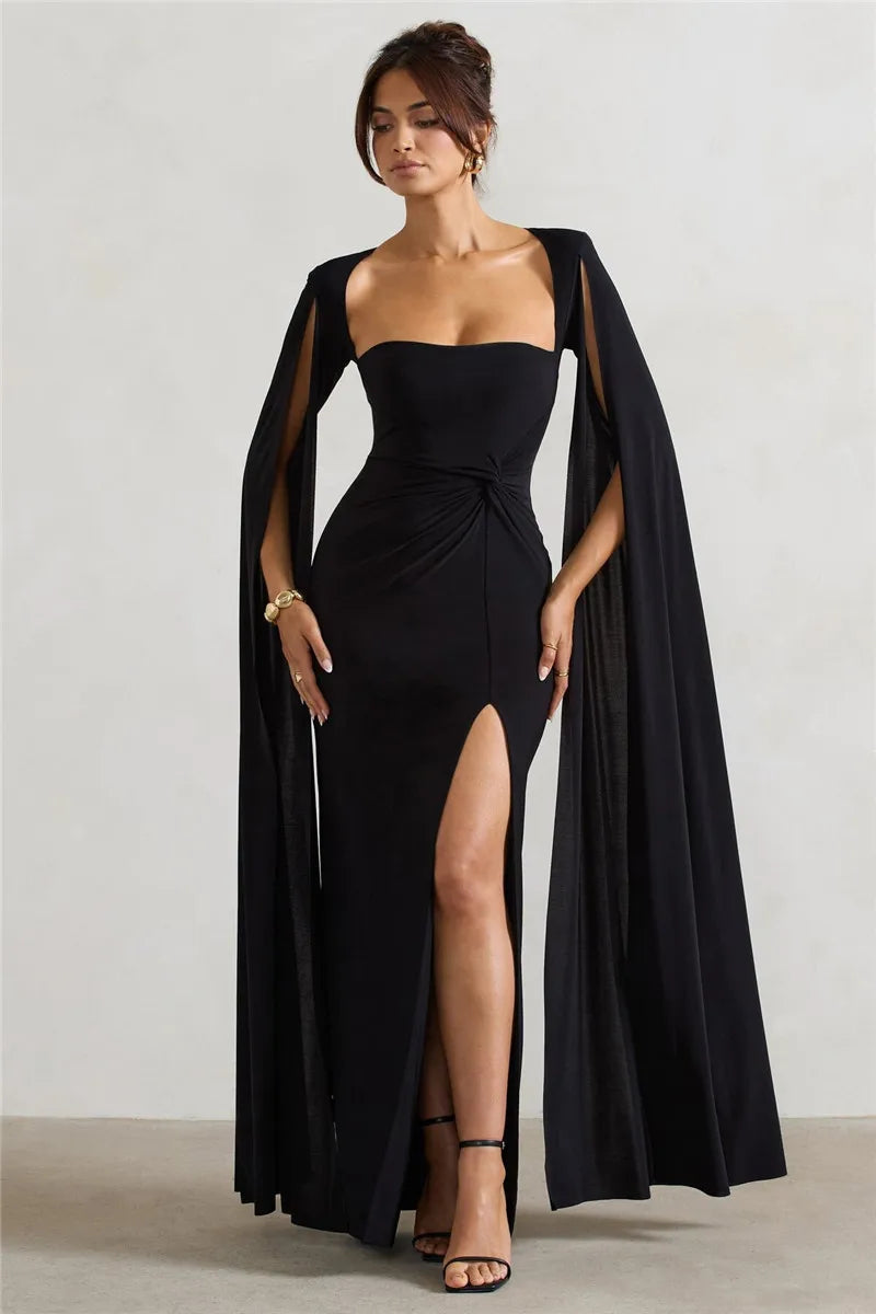 Elegant Cape Sleeve Maxi Dress with High Split