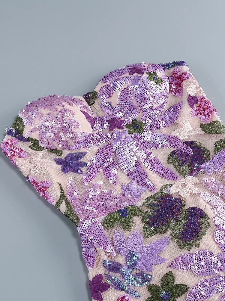 Floral-Embellished Sequin Lavender Ankle Length Dress