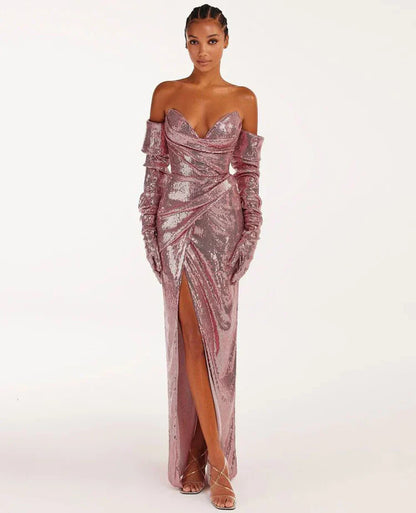 Sequined Strapless Slit Lace Up Ankle Length Dress