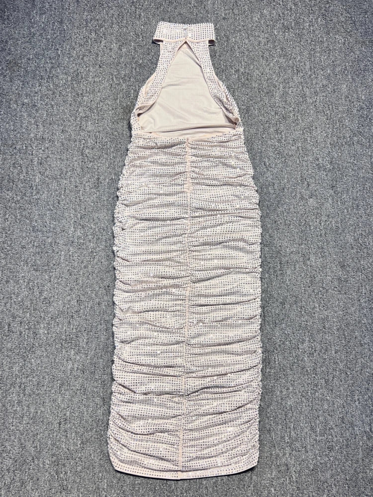 Halter Neck Backless Crystal Folds Long Dress