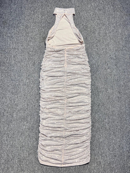 Halter Neck Backless Crystal Folds Long Dress