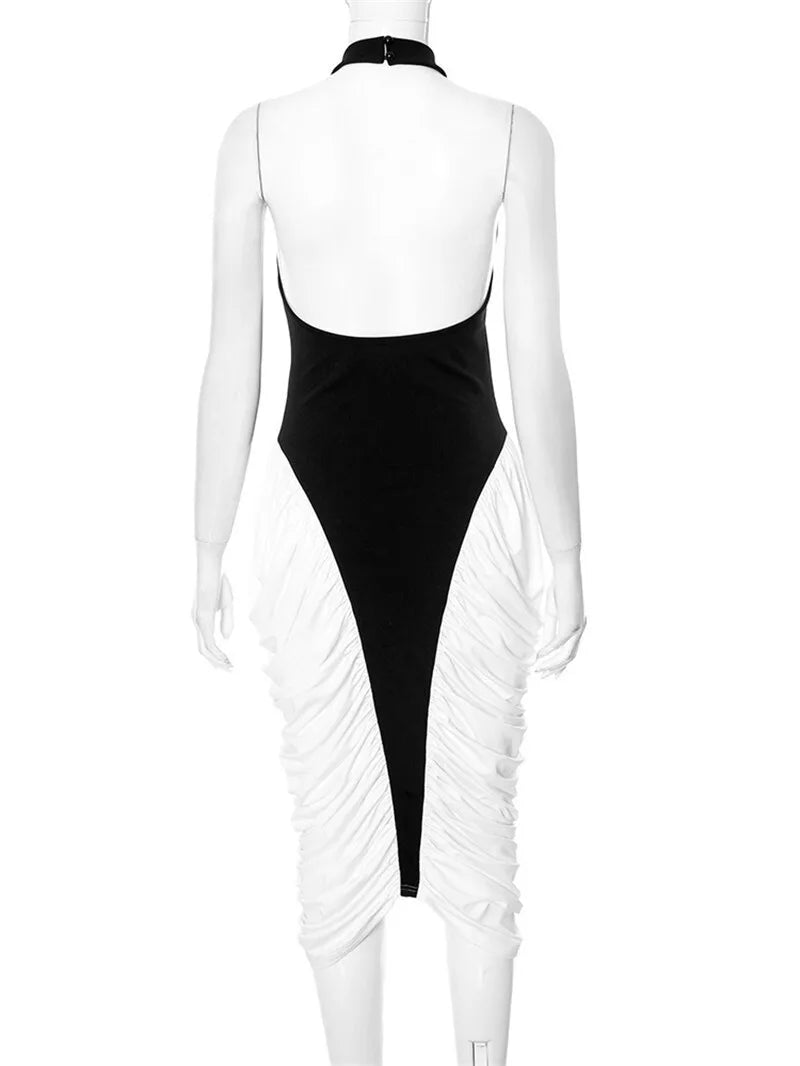 Patchwork Halter Backless Contrast Pleated Midi Dress