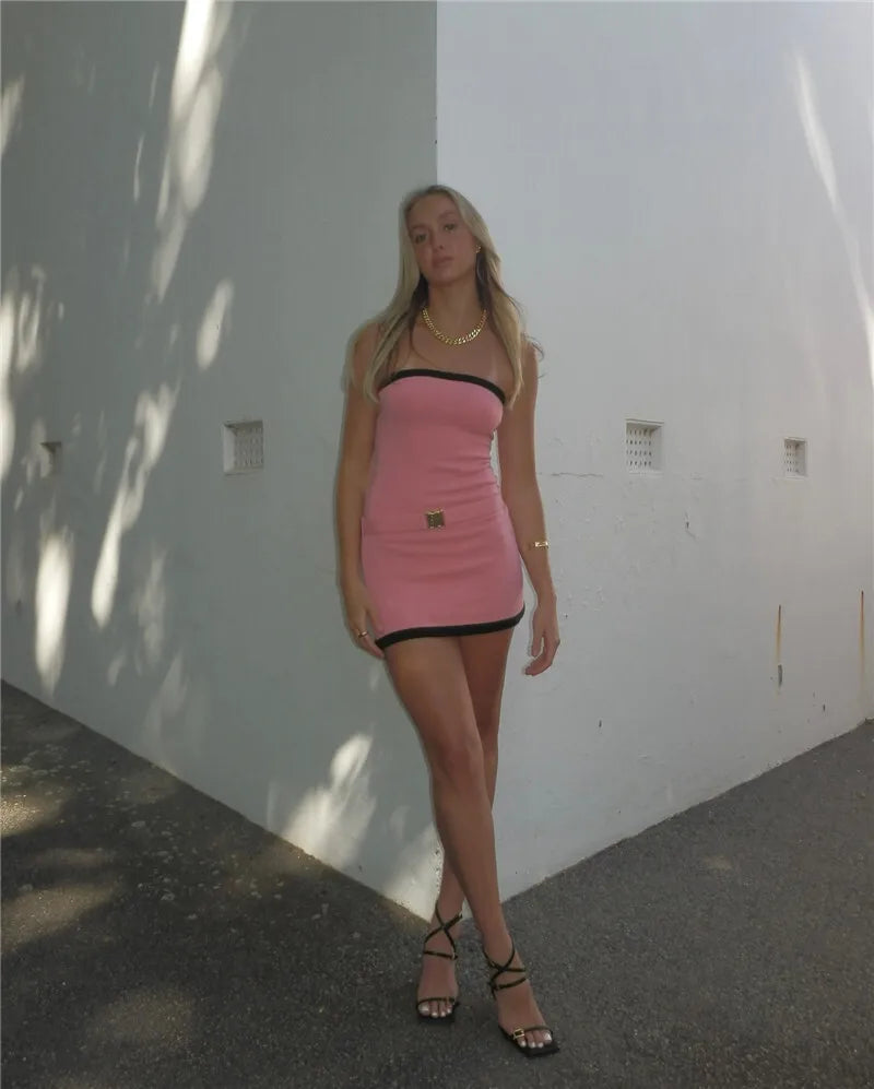 Two-Tone Strapless Ribbed Belt Mini Dress