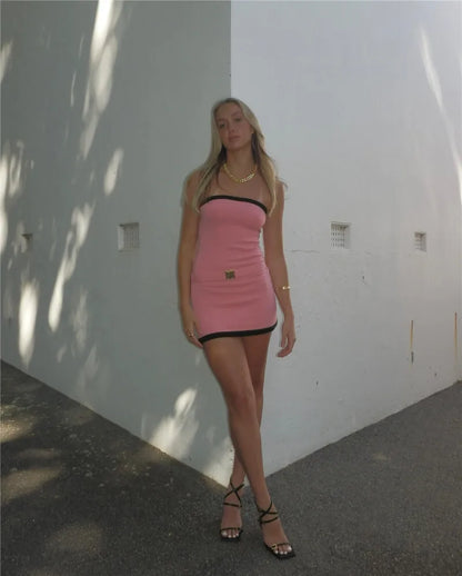 Two-Tone Strapless Ribbed Belt Mini Dress