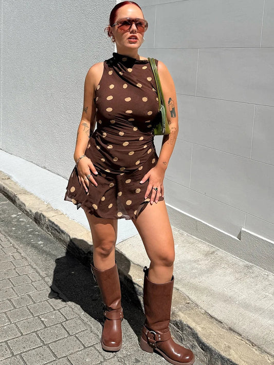 Chiffon Print Polka Dot Coffee Sleeveless Mini Dress