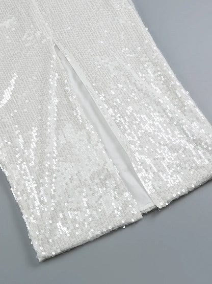 Sequins White Hollow Flower Design Long Dress