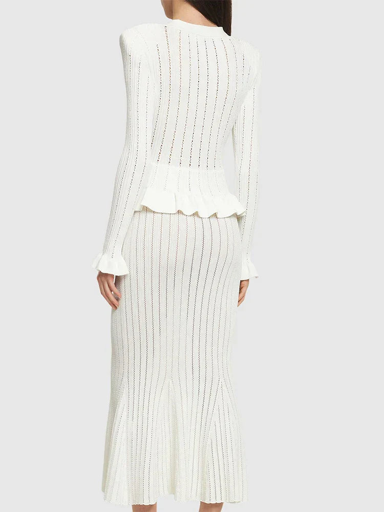 Ruffle Knitted Long Sleeve Mermaid Midi Dress