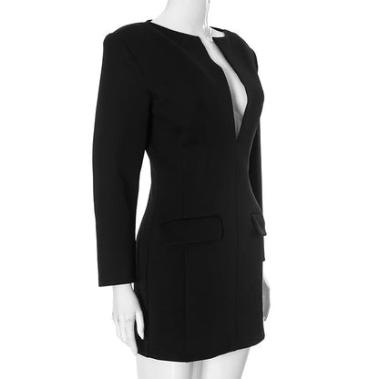 Black Solid Long Sleeve Blazer Dress