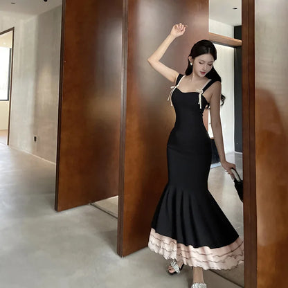 Black Ruffle Trim Fishtail Midi Dress