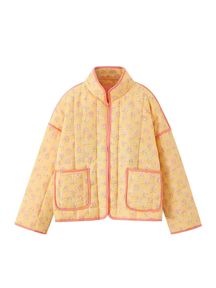 Quilted Floral Jacket | Stand Collar | Relaxed Fit