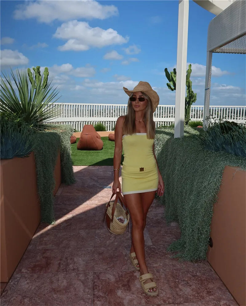 Two-Tone Strapless Ribbed Belt Mini Dress